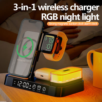 4 In 1 Multifunction Wireless Charger Station With Alarm Clock Display Foldable Wireless Charger Stand With RGB Night Light - Tech Bee